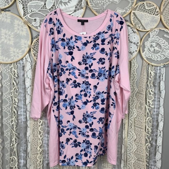 Lane Bryant Pink Blue Floral Mixed Fabric Top - Picture 4 of 8
